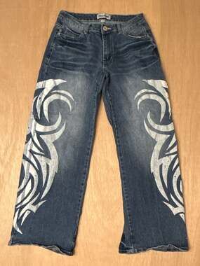 Disclosure Blue Denim Jeans with White Tribal Print Leg Design